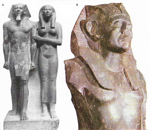 The monarch's public image in the Old and Middle Kingdoms was widely different, a change reflected in the royal statuary. The figure of King Menkaure of Dynasty IV (A) with his queen is an idealized portrait of the god-king. The aftermath of the First Intermediate Period saw the development of a more realistic and intense style, as in the statue of Senusret III (B). 